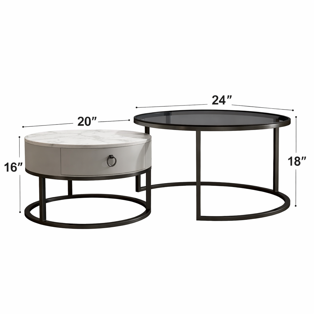 Designer Round Coffee Table Crafted with Marble Finish Drawer and Black Glass Top
