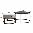 Designer Round Coffee Table Crafted with Marble Finish Drawer and Black Glass Top