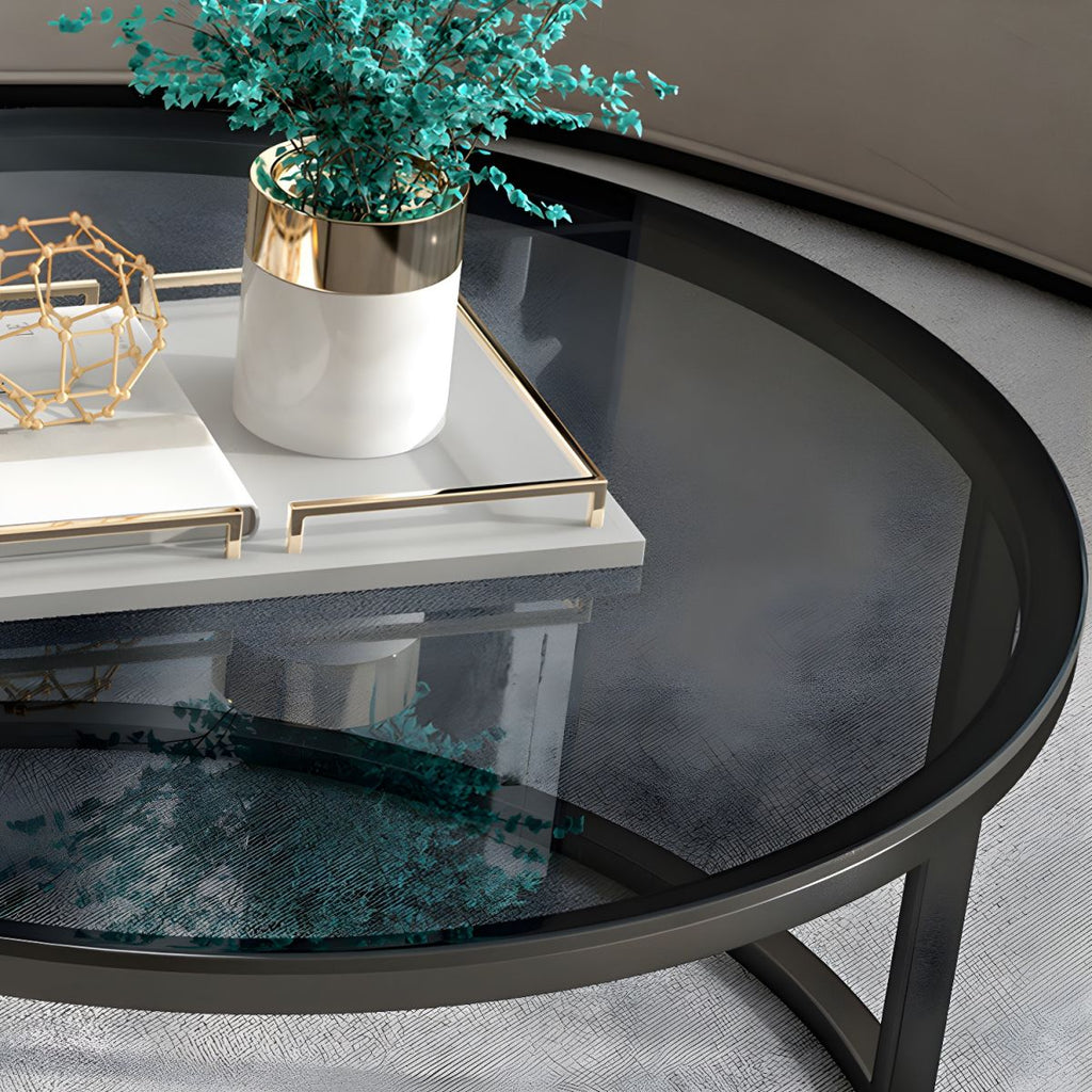 Designer Round Coffee Table Crafted with Marble Finish Drawer and Black Glass Top