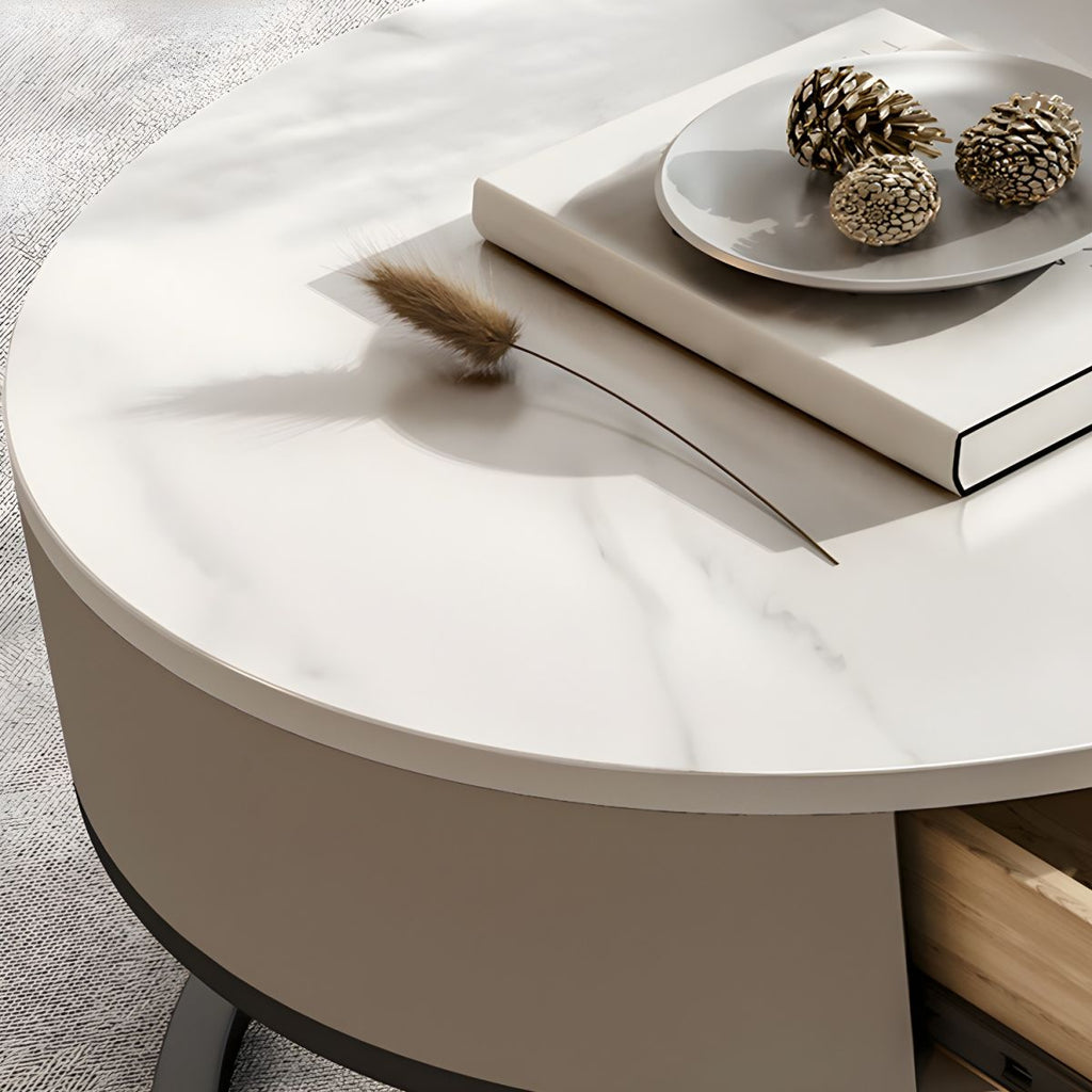 Designer Round Coffee Table Crafted with Marble Finish Drawer and Black Glass Top