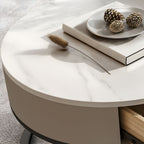 Designer Round Coffee Table Crafted with Marble Finish Drawer and Black Glass Top