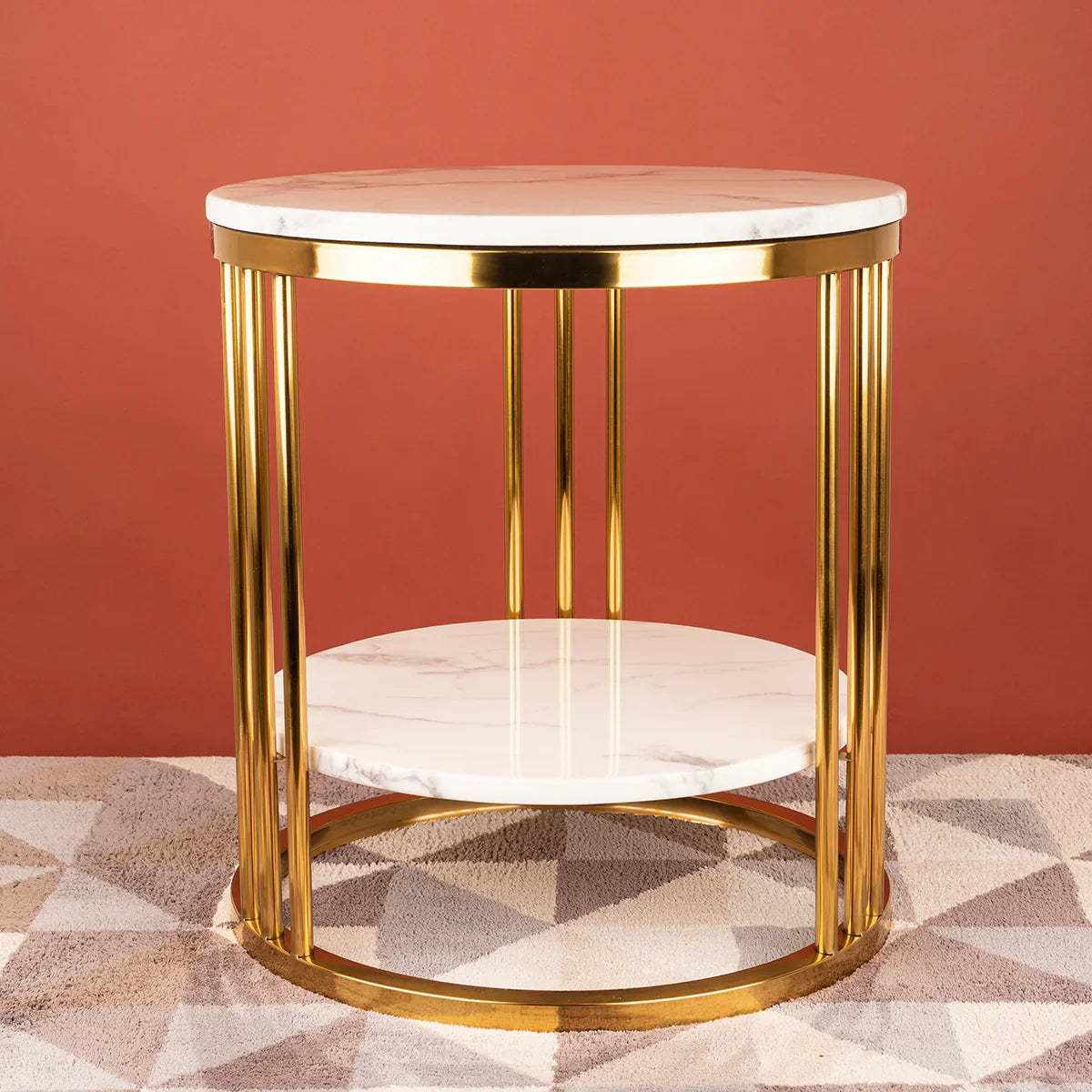 Luxury Round Side Table Featuring White Marble Top and Polished Gold Vertical Frame