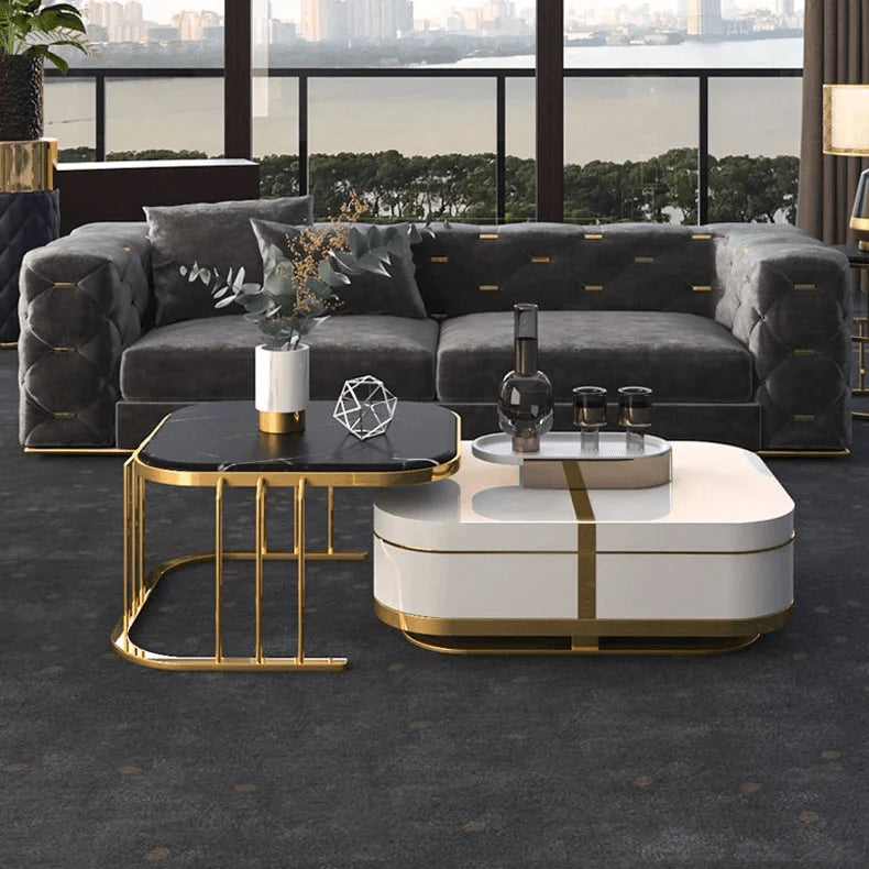 Designer Nested Coffee Table Featuring White Gloss Finish Black Surface and Gold Structure