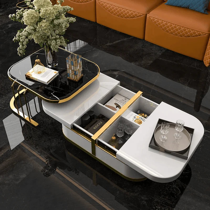 Designer Nested Coffee Table Featuring White Gloss Finish Black Surface and Gold Structure