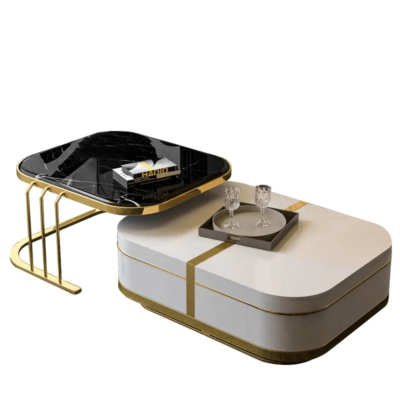 Designer Nested Coffee Table Featuring White Gloss Finish Black Surface and Gold Structure