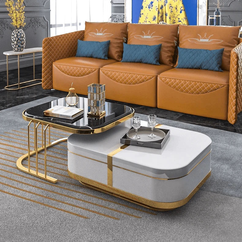 Designer Nested Coffee Table Featuring White Gloss Finish Black Surface and Gold Structure