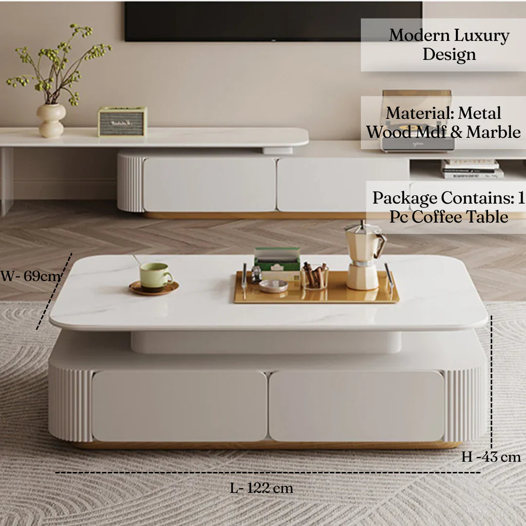 Designer White Gloss Center Table with Sculpted Body Fluted Panels and Gold Finish