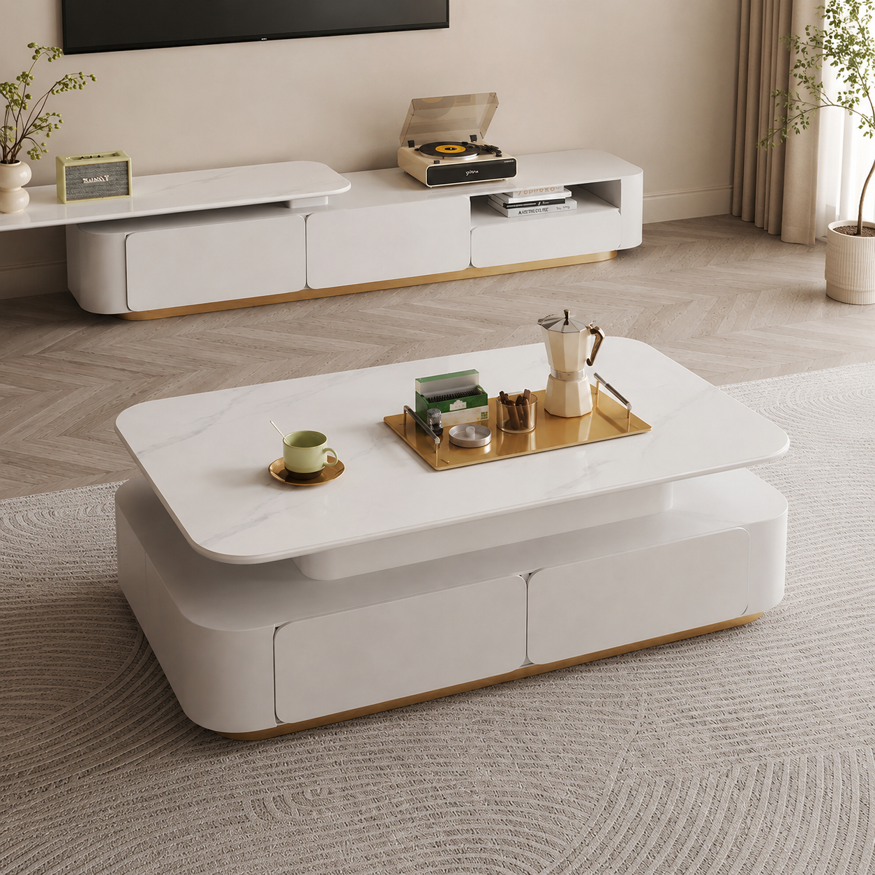 Designer White Gloss Center Table with Sculpted Body Fluted Panels and Gold Finish
