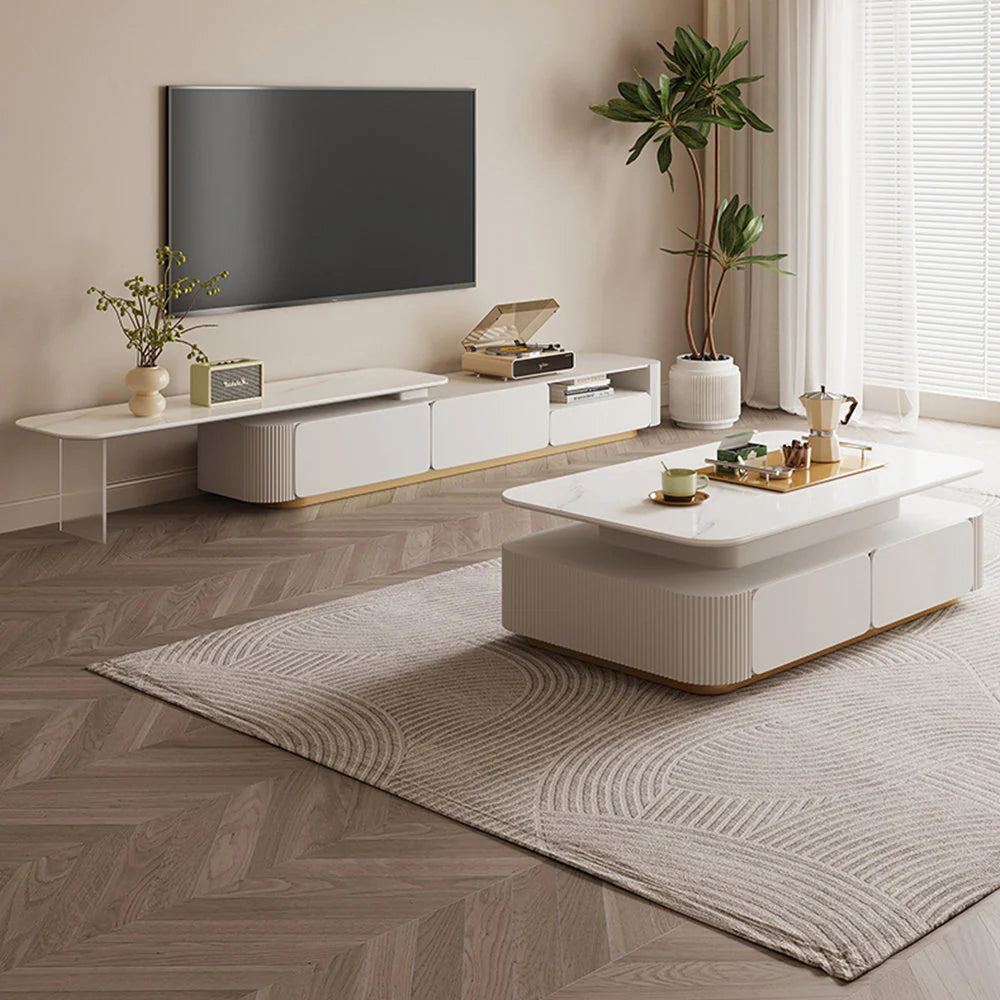 Designer White Gloss Center Table with Sculpted Body Fluted Panels and Gold Finish