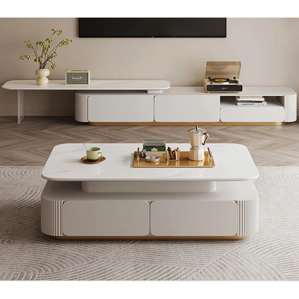 Designer White Gloss Center Table with Sculpted Body Fluted Panels and Gold Finish