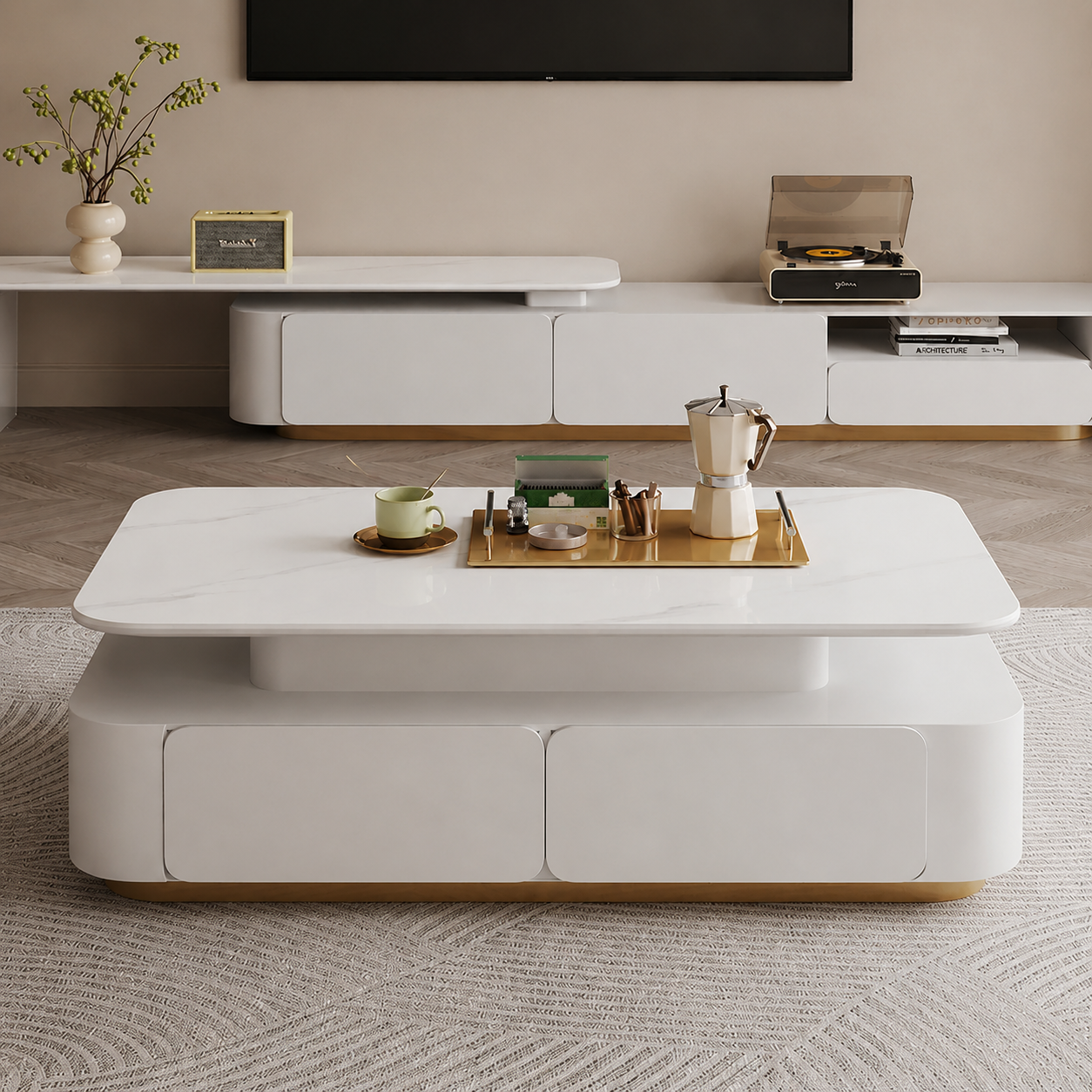 Designer White Gloss Center Table with Sculpted Body Fluted Panels and Gold Finish