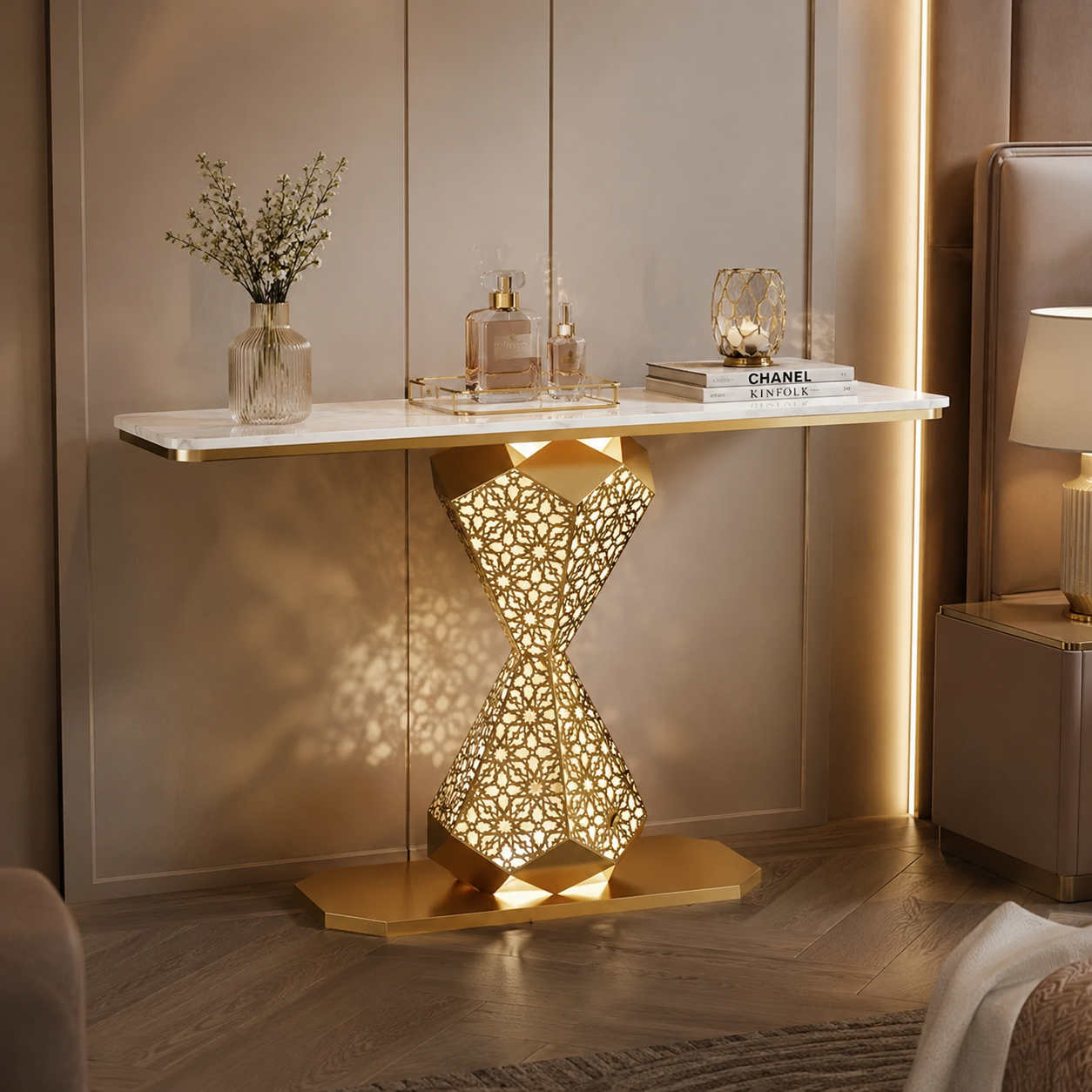Elegant Gold LED Console Table with Smooth White Marble Top (SS 304)