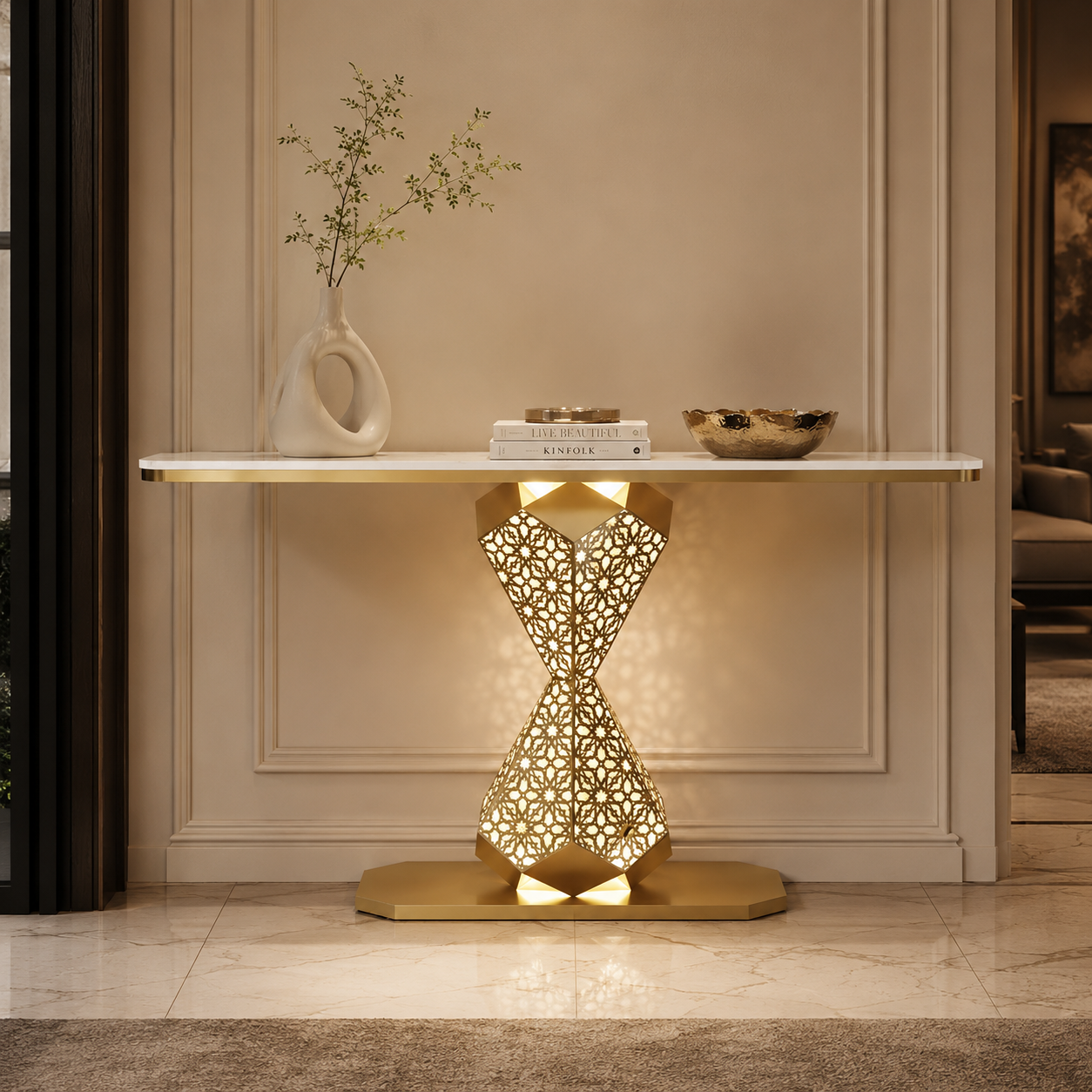 Elegant Gold LED Console Table with Smooth White Marble Top (SS 304)