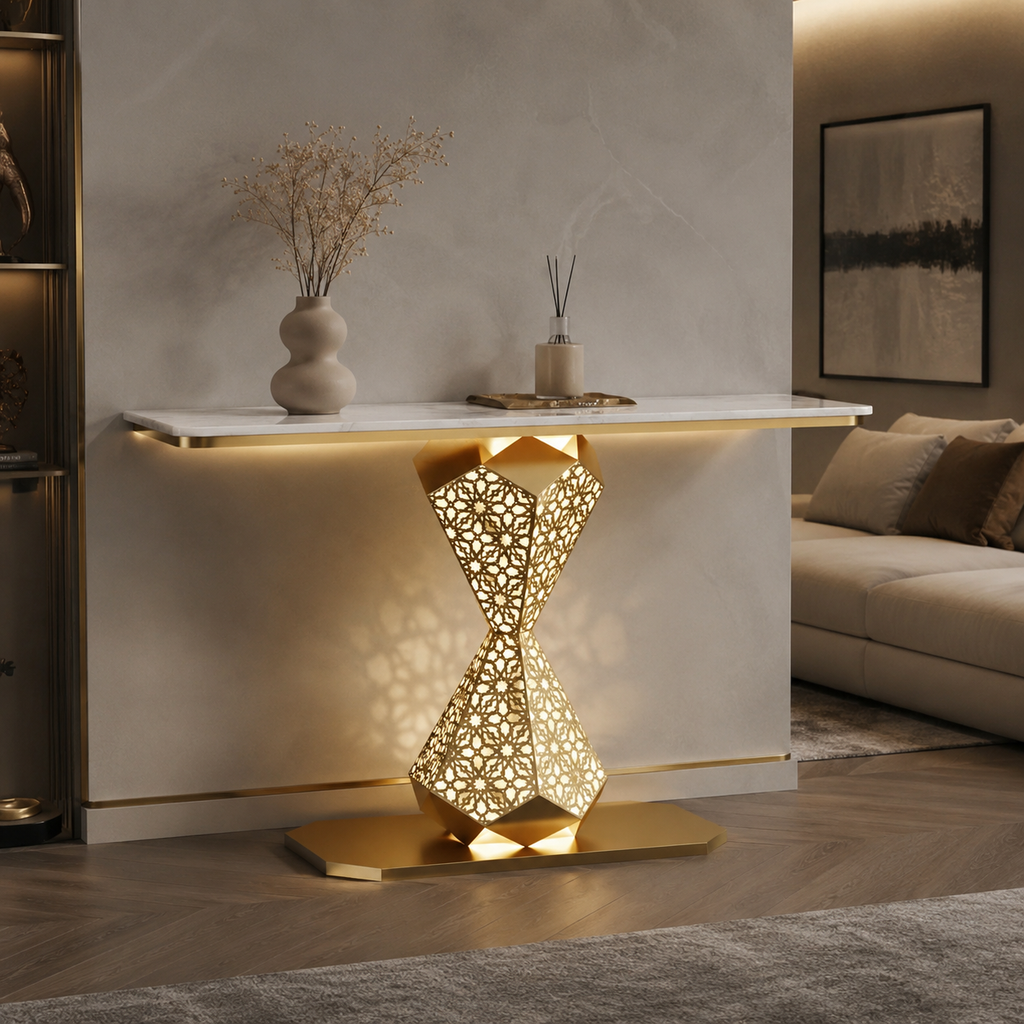 Elegant Gold LED Console Table with Smooth White Marble Top
