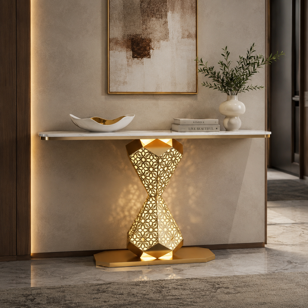 Elegant Gold LED Console Table with Smooth White Marble Top