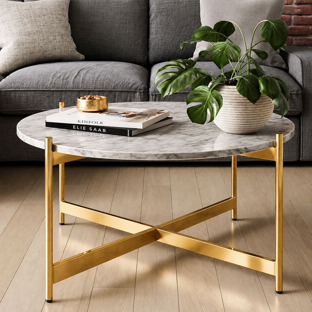 Contemporary Gold Stainless Steel PVD Center Table with Premium White Marble Top and Cross Base