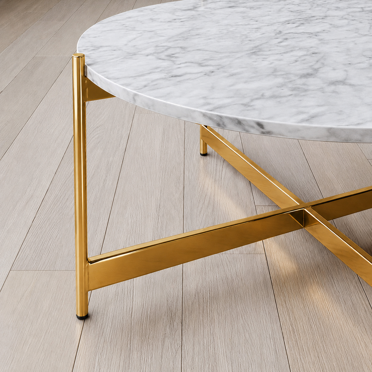 Contemporary Gold Stainless Steel PVD Center Table with Premium White Marble Top and Cross Base