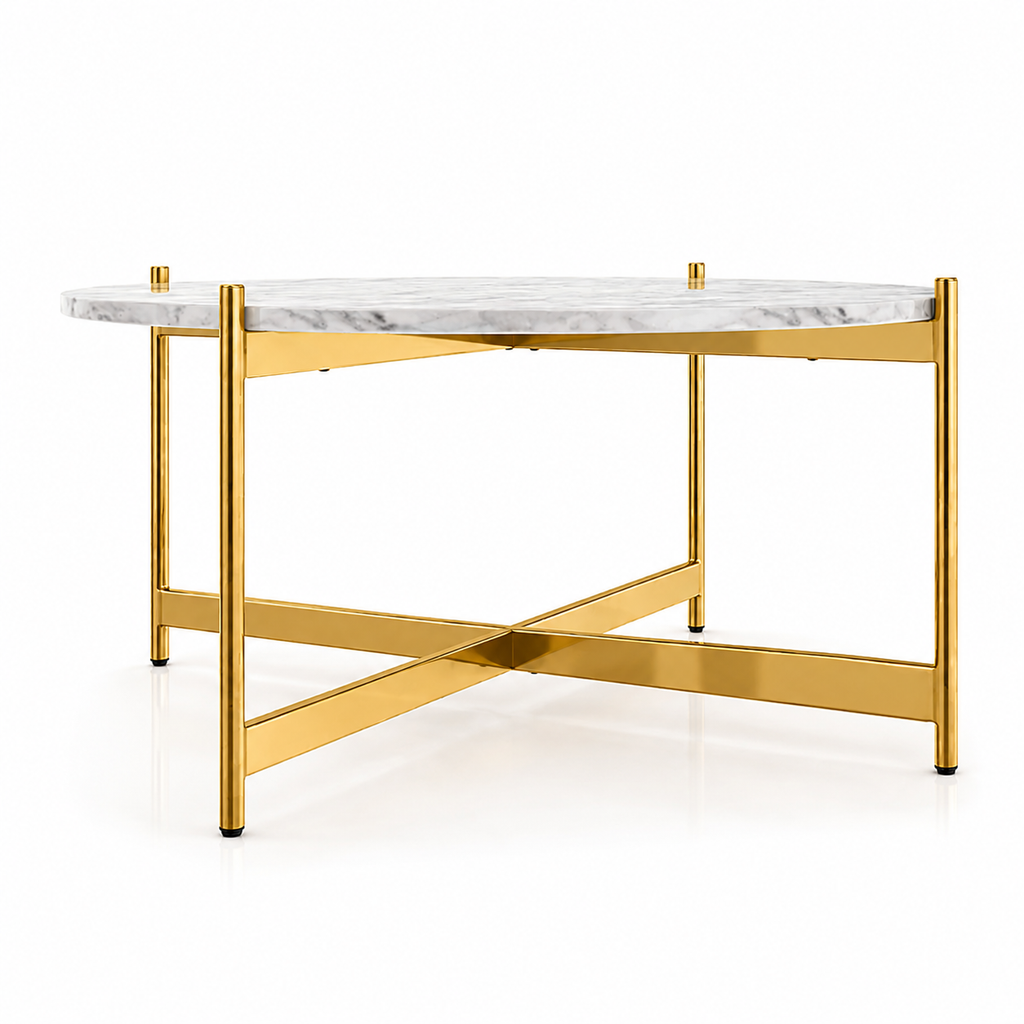 Contemporary Gold Stainless Steel PVD Center Table with Premium White Marble Top and Cross Base