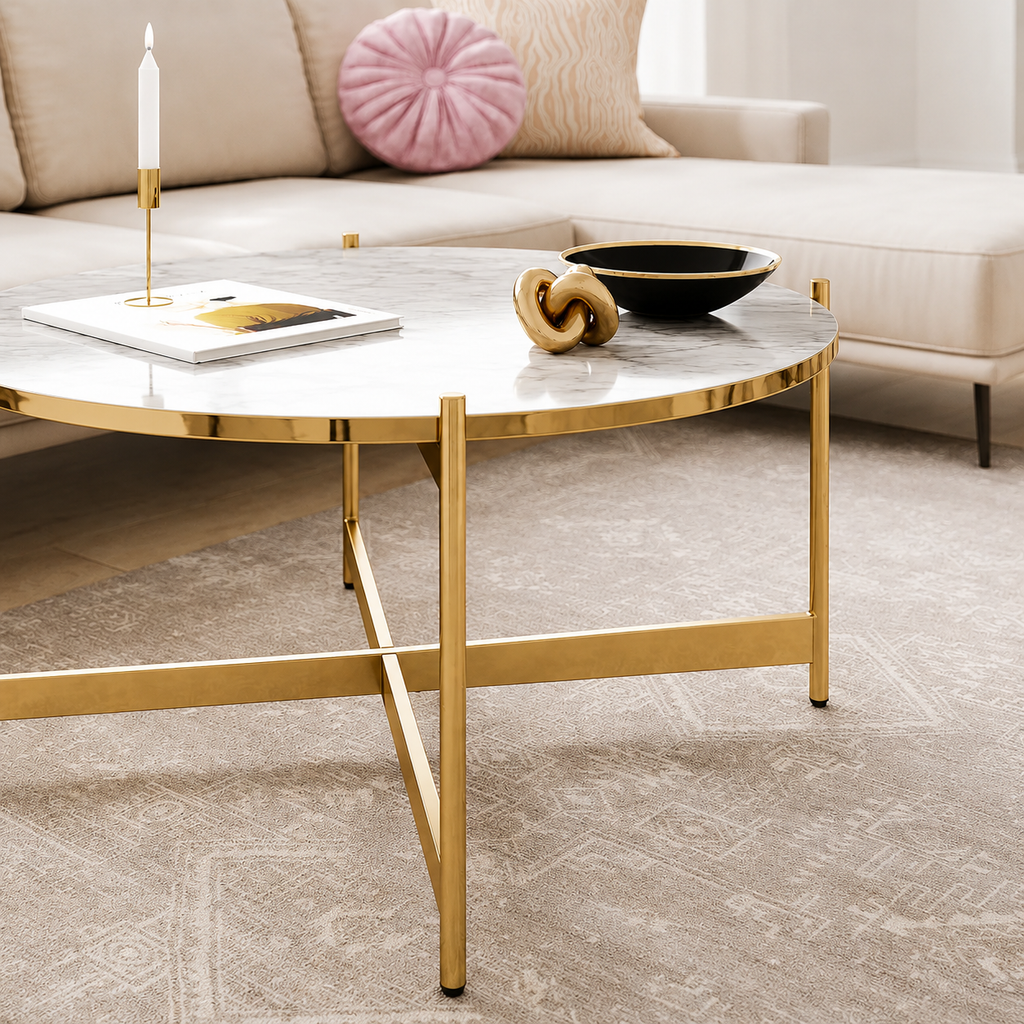 Contemporary Gold Stainless Steel PVD Center Table with Premium White Marble Top and Cross Base