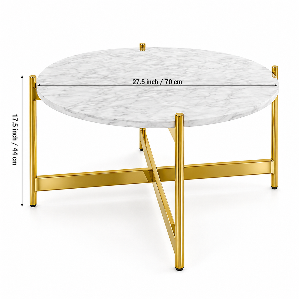 Contemporary Gold Stainless Steel PVD Center Table with Premium White Marble Top and Cross Base