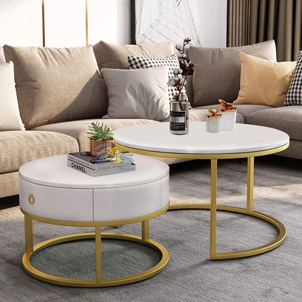 Luxury Round Nested Coffee Table Featuring Marble Look Tops and Gold Metal Base