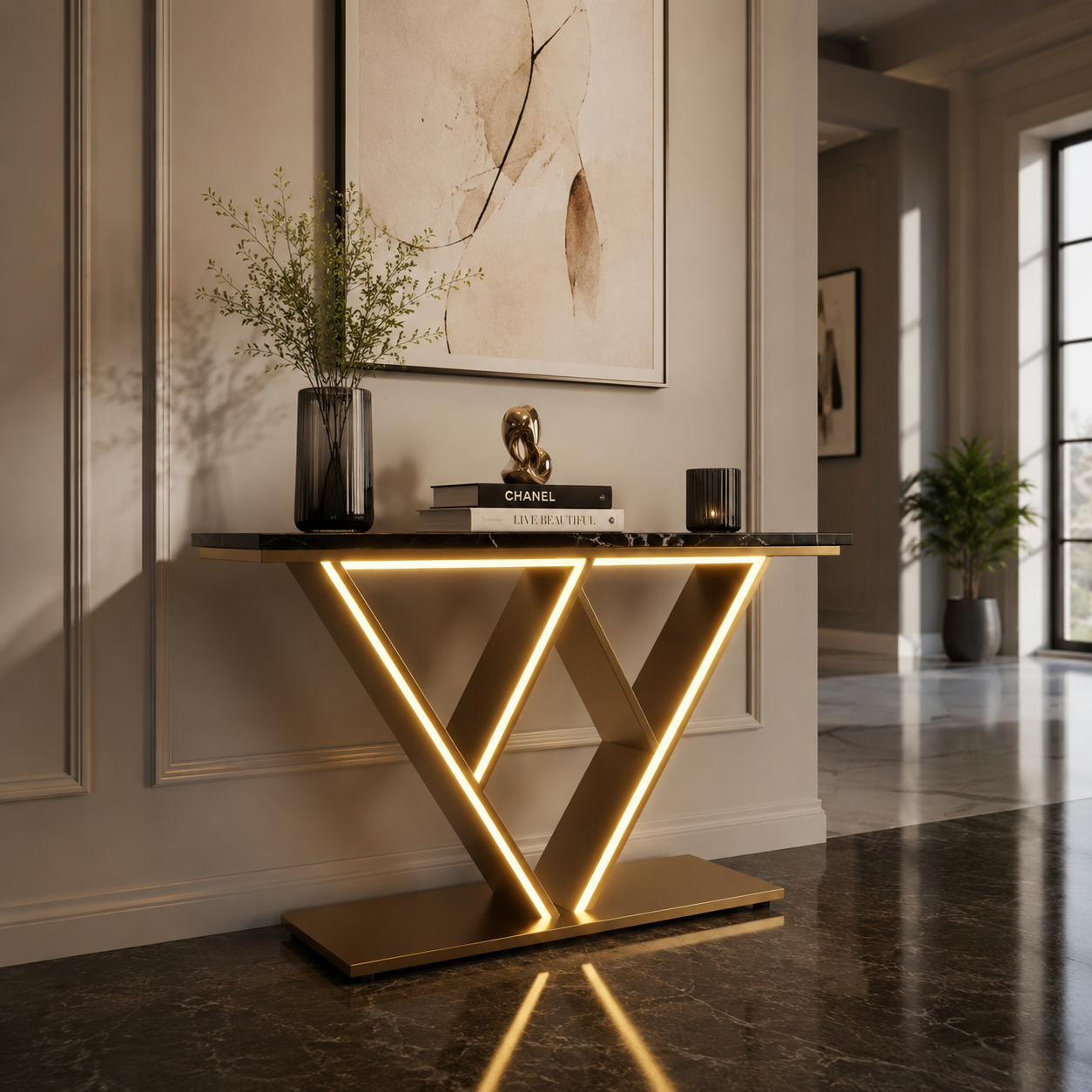Luxury LED Console Table | Modern Gold Entryway Accent Table