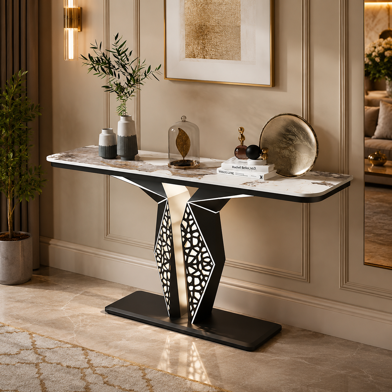 Luxury Modern LED Console Table | Designer Entryway Table with Geometric Base (SS 304)