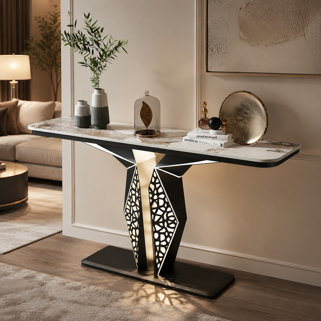 Luxury Modern LED Console Table | Designer Entryway Table with Geometric Base