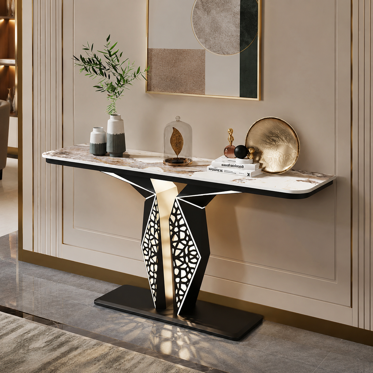 Luxury Modern LED Console Table | Designer Entryway Table with Geometric Base