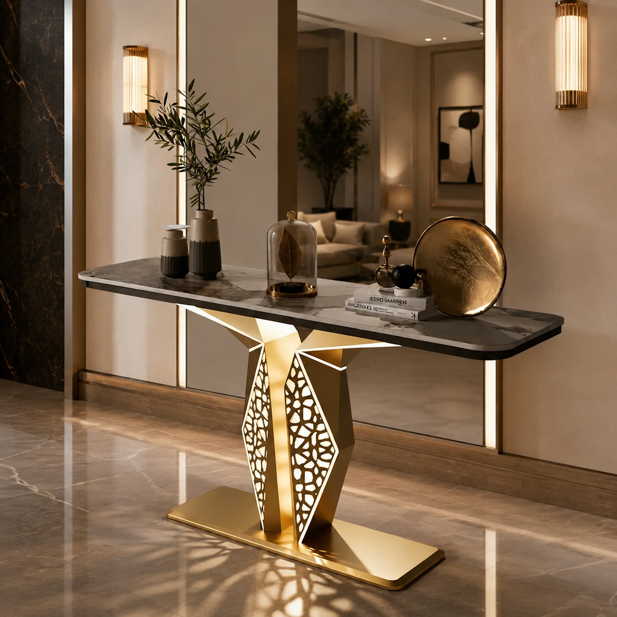 Luxury Modern LED Console Table | Designer Entryway Table with Geometric Base