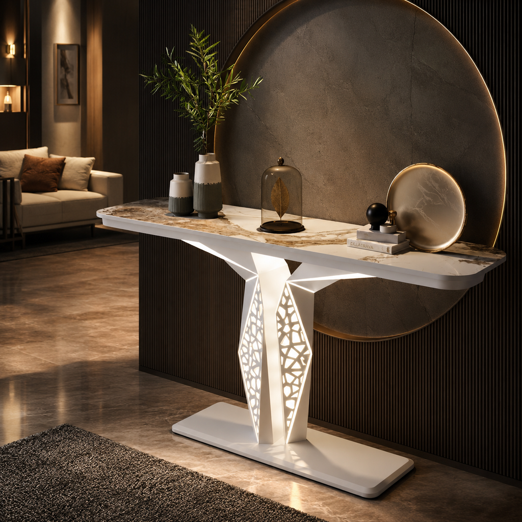 Luxury Modern LED Console Table | Designer Entryway Table with Geometric Base