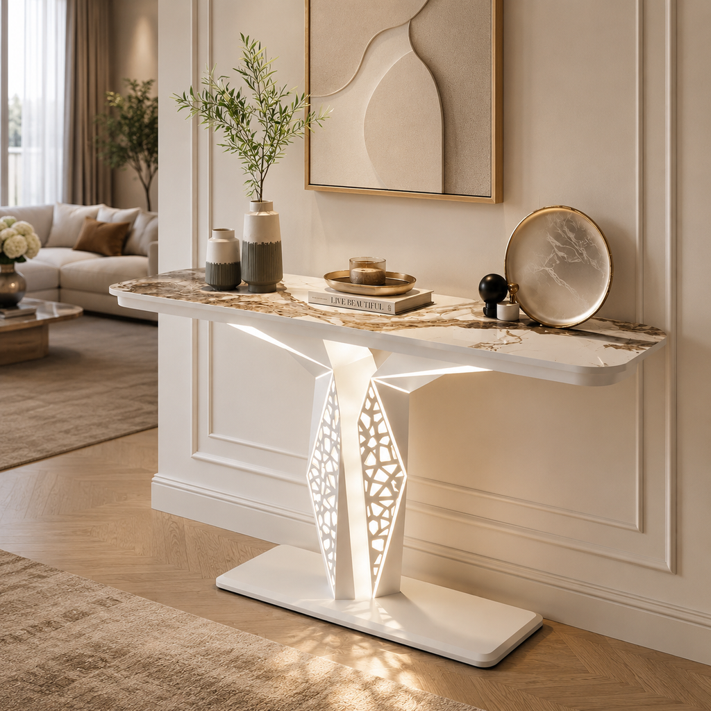 Luxury Modern LED Console Table | Designer Entryway Table with Geometric Base