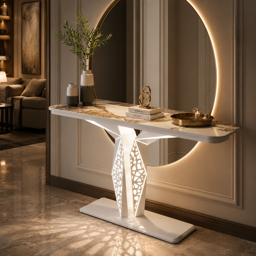 Luxury Modern LED Console Table | Designer Entryway Table with Geometric Base