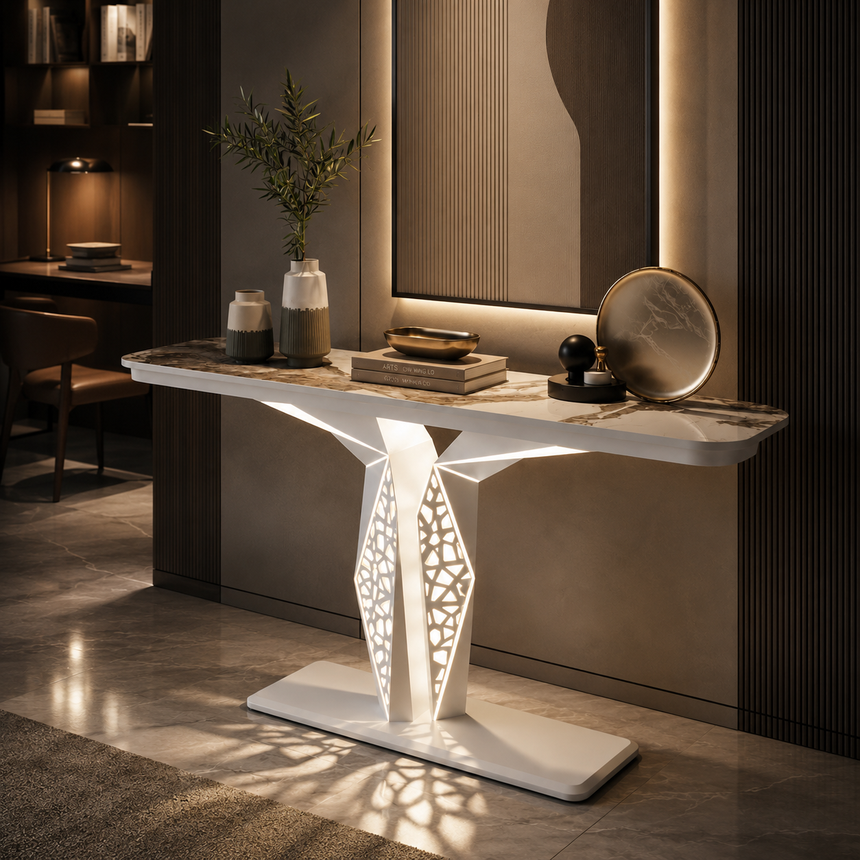 Luxury Modern LED Console Table | Designer Entryway Table with Geometric Base