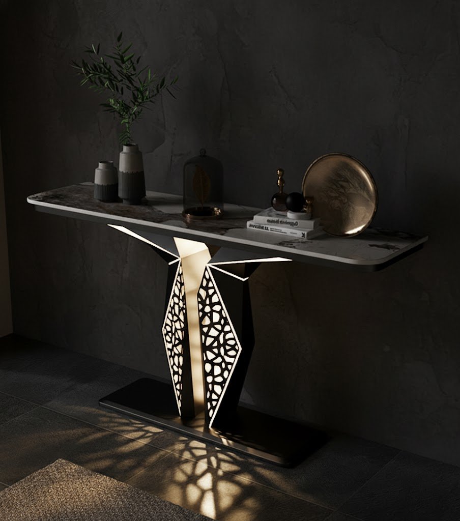 Luxury Modern LED Console Table | Designer Entryway Table with Geometric Base (SS 304)