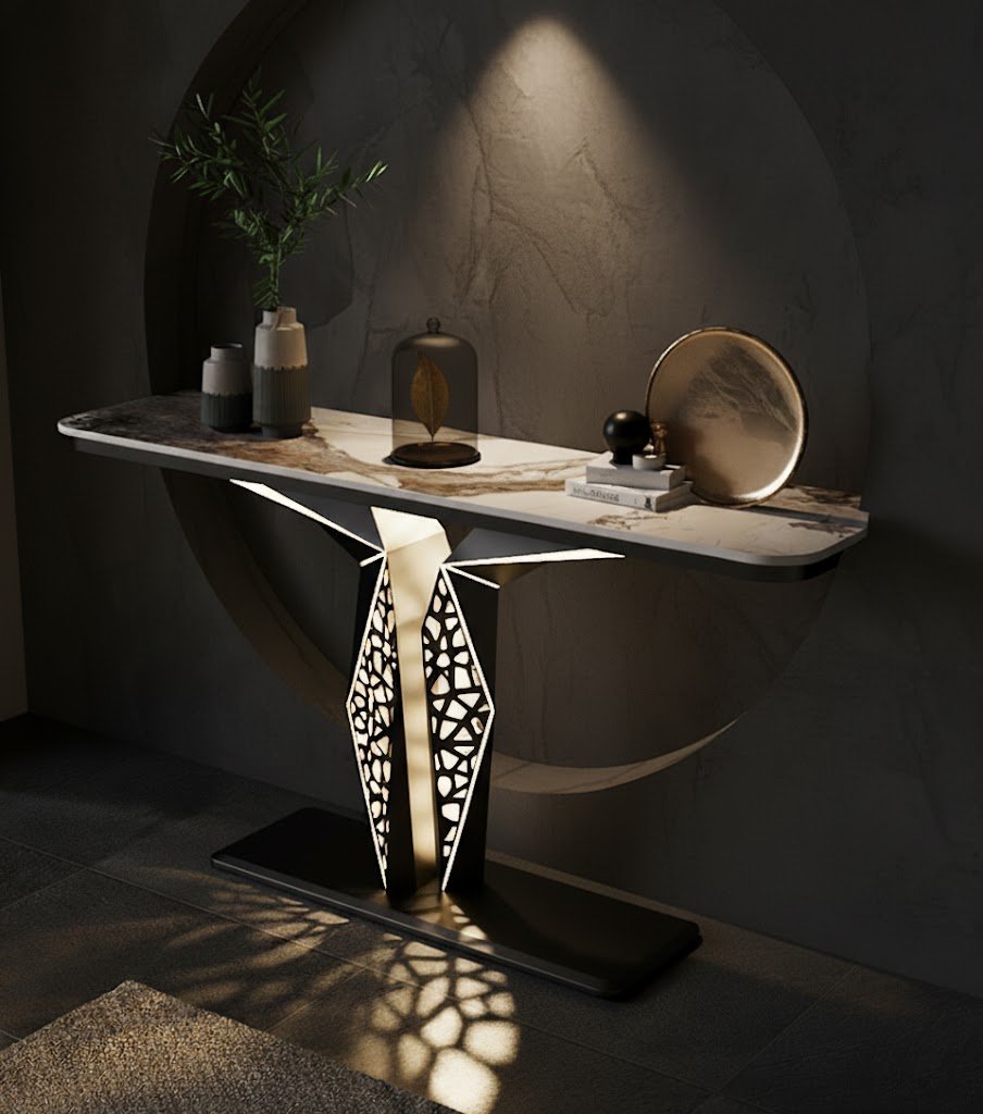 Luxury Modern LED Console Table | Designer Entryway Table with Geometric Base (SS 304)
