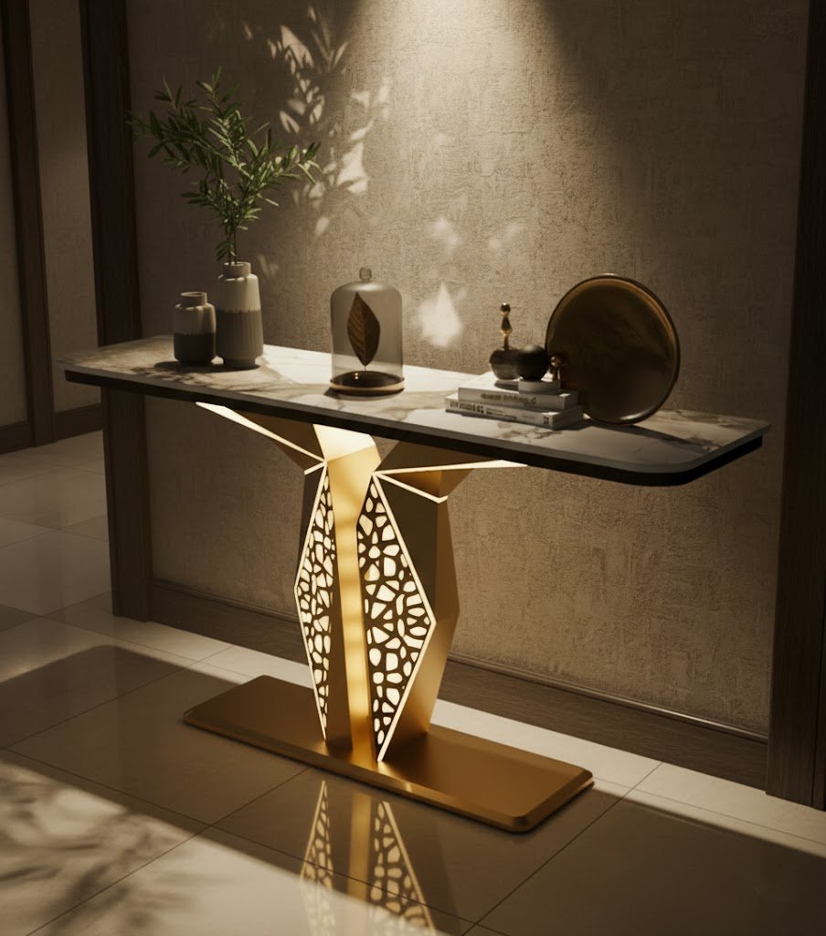 Luxury Modern LED Console Table | Designer Entryway Table with Geometric Base (SS 304)