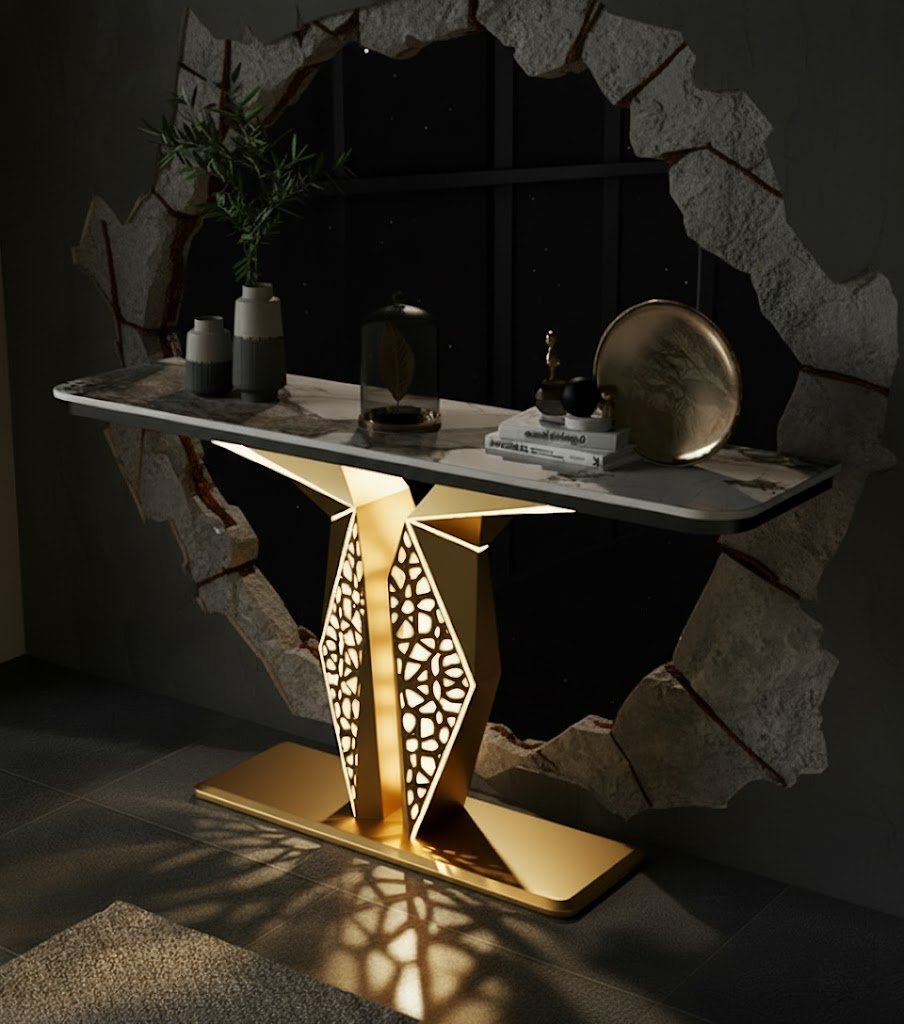 Luxury Modern LED Console Table | Designer Entryway Table with Geometric Base (SS 304)