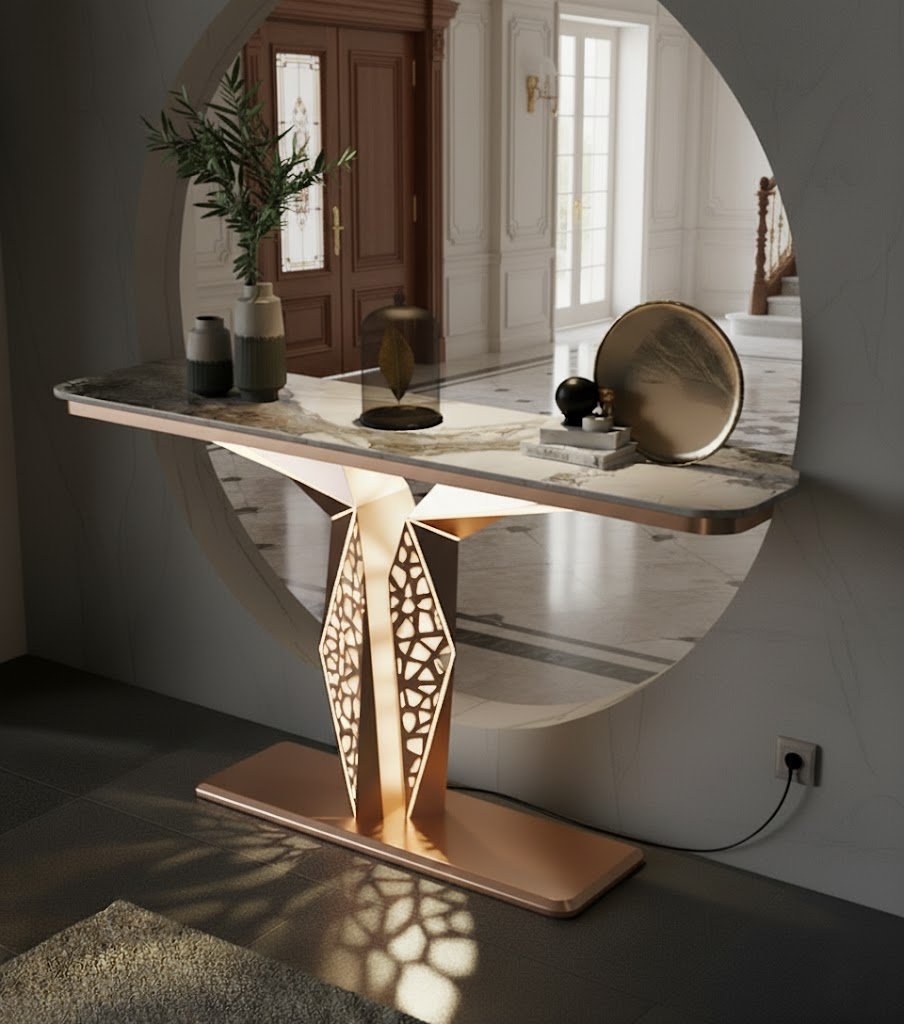 Luxury Modern LED Console Table | Designer Entryway Table with Geometric Base (SS 304)