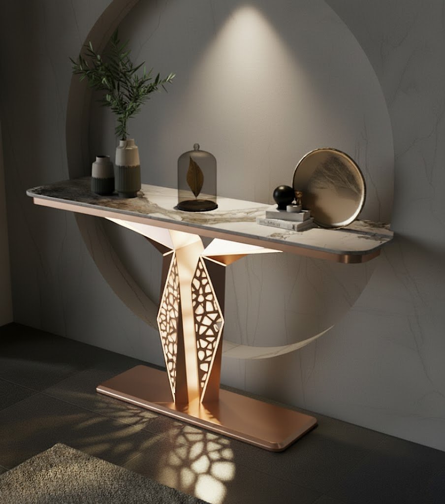 Luxury Modern LED Console Table | Designer Entryway Table with Geometric Base (SS 304)