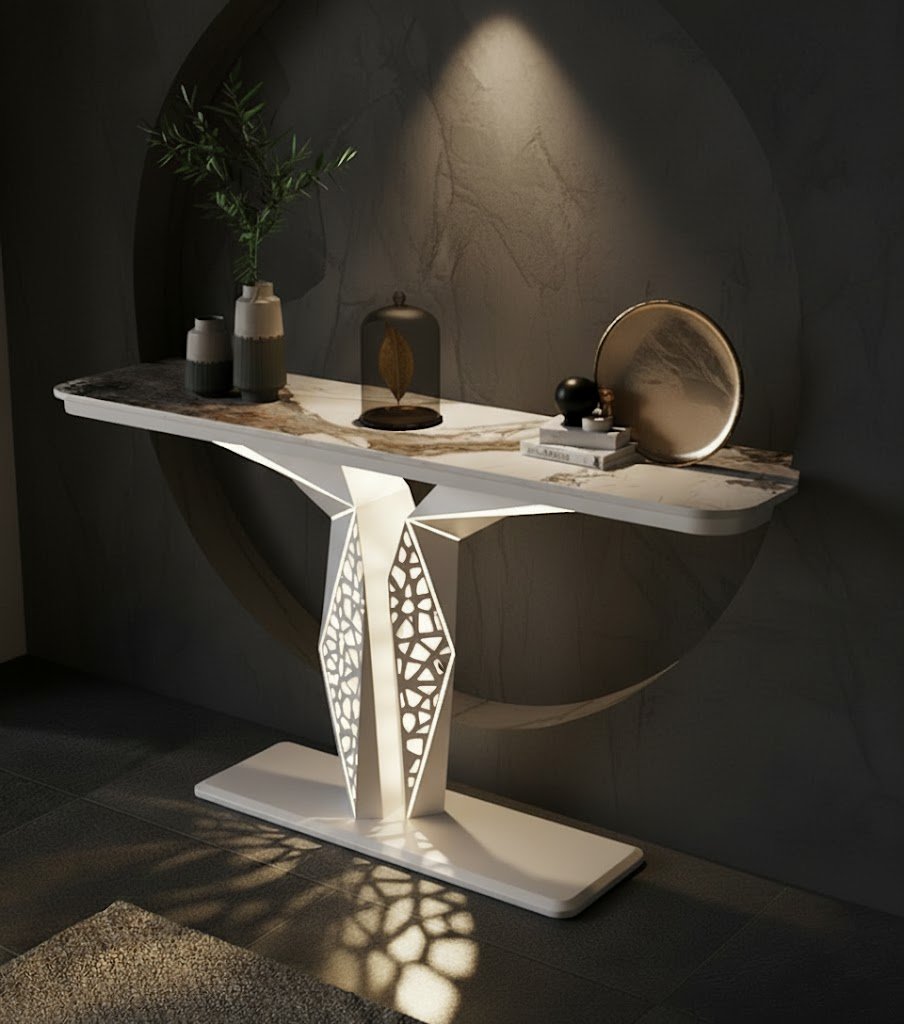 Luxury Modern LED Console Table | Designer Entryway Table with Geometric Base (SS 304)