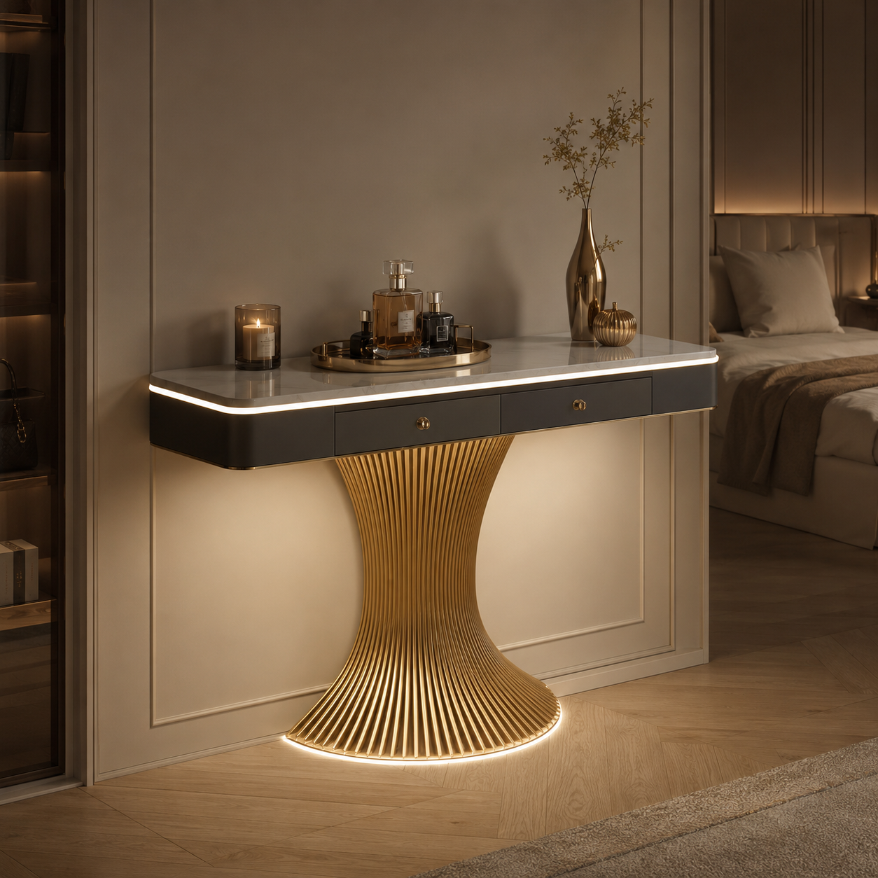 Modern Marble Console Table with LED Lighting | Luxury Gold Base Entryway Decor (SS 304)