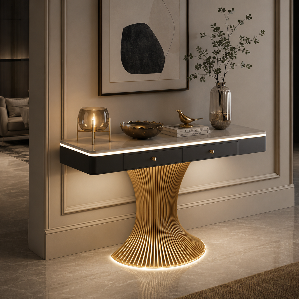 Modern Marble Console Table with LED Lighting | Luxury Gold Base Entryway Decor