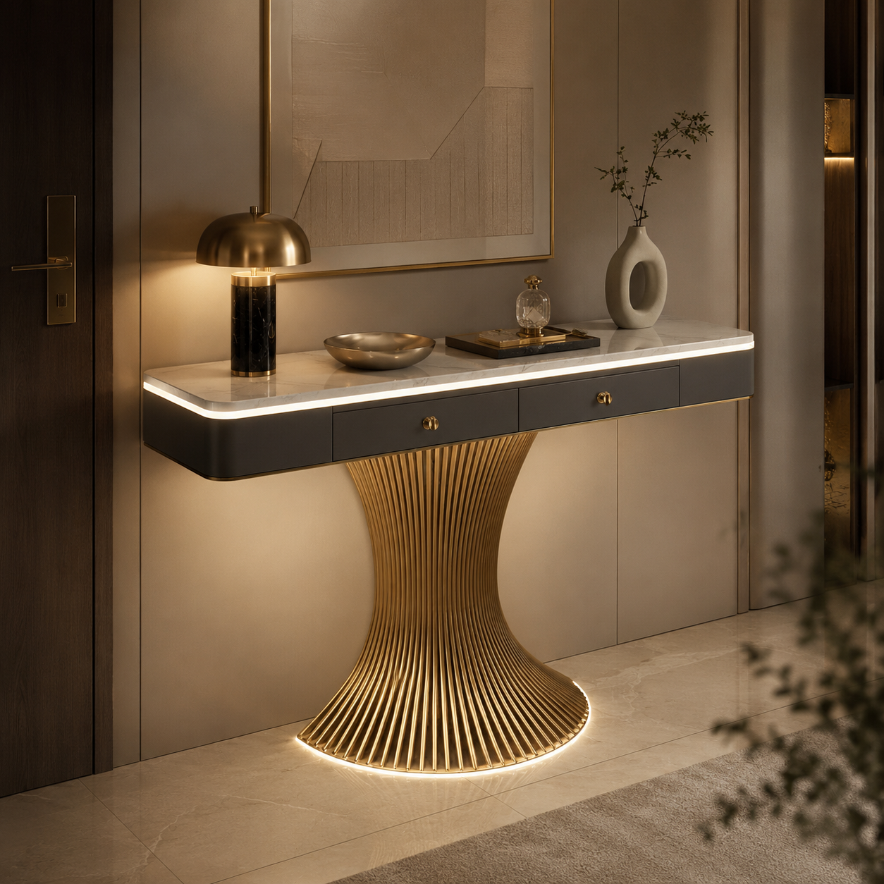Modern Marble Console Table with LED Lighting | Luxury Gold Base Entryway Decor (SS 304)