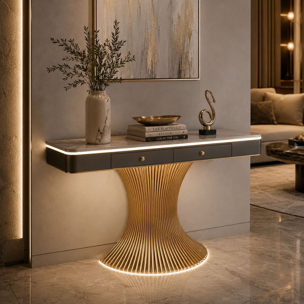 Modern Marble Console Table with LED Lighting | Luxury Gold Base Entryway Decor (SS 304)
