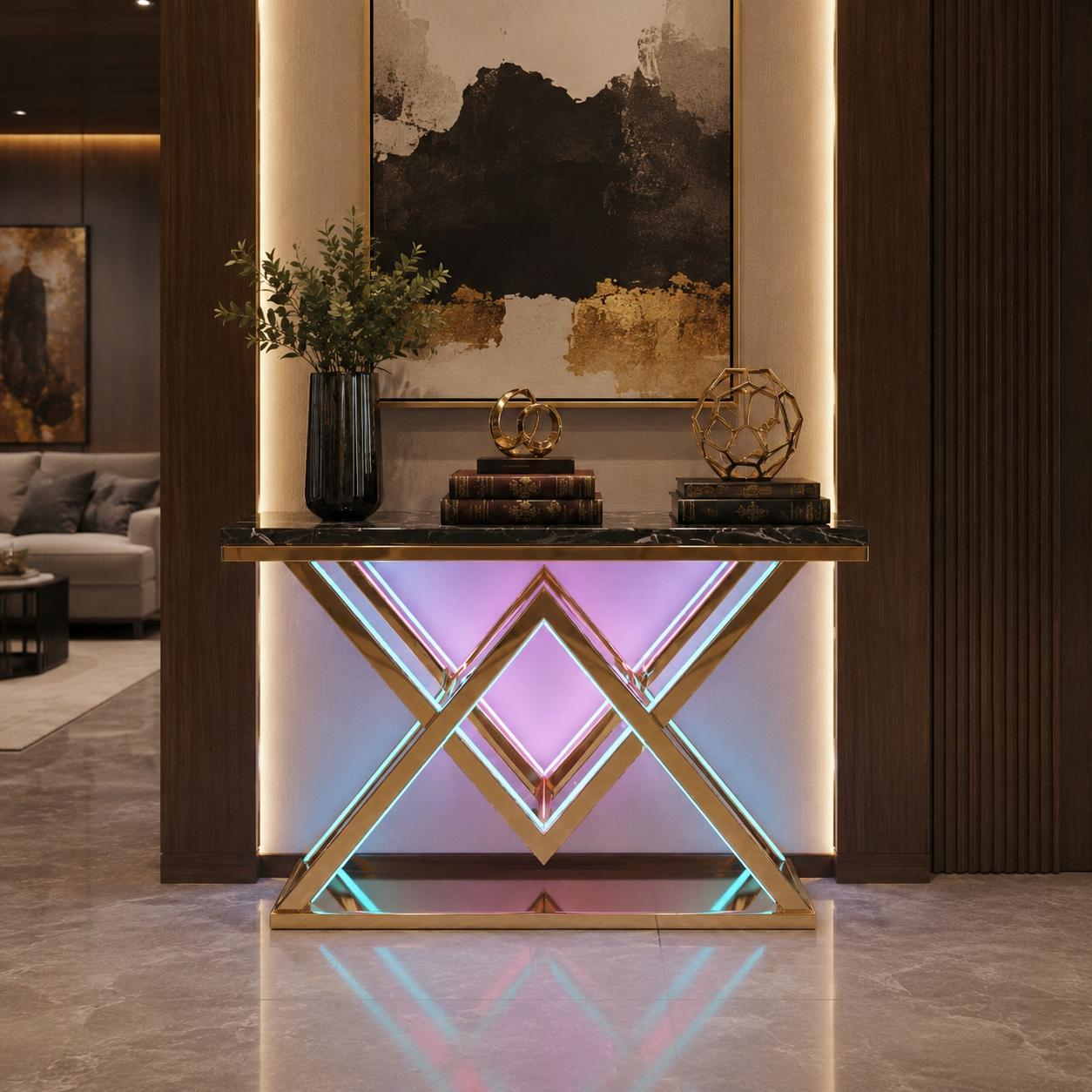 Designer Gold LED Console Table for Living Room Interiors