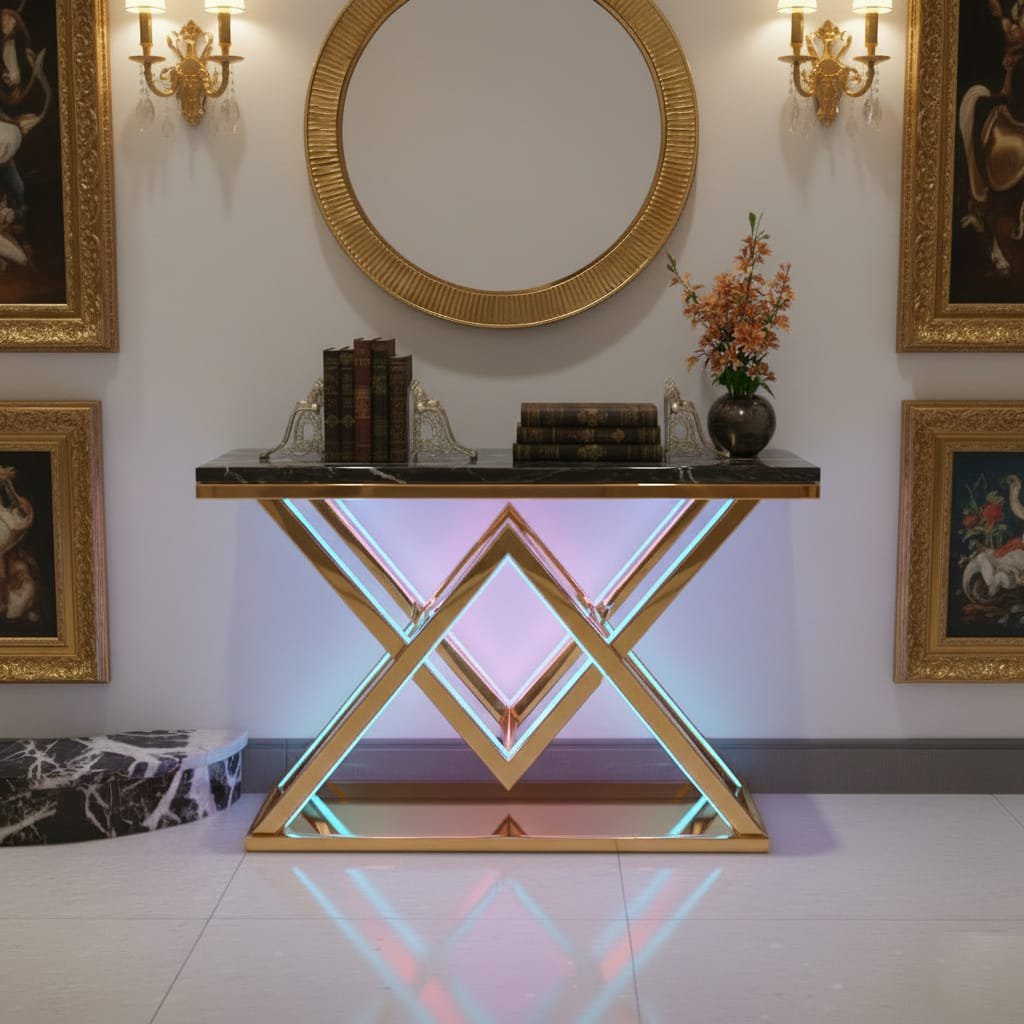 Designer Gold LED Console Table for Living Room Interiors (SS 304)