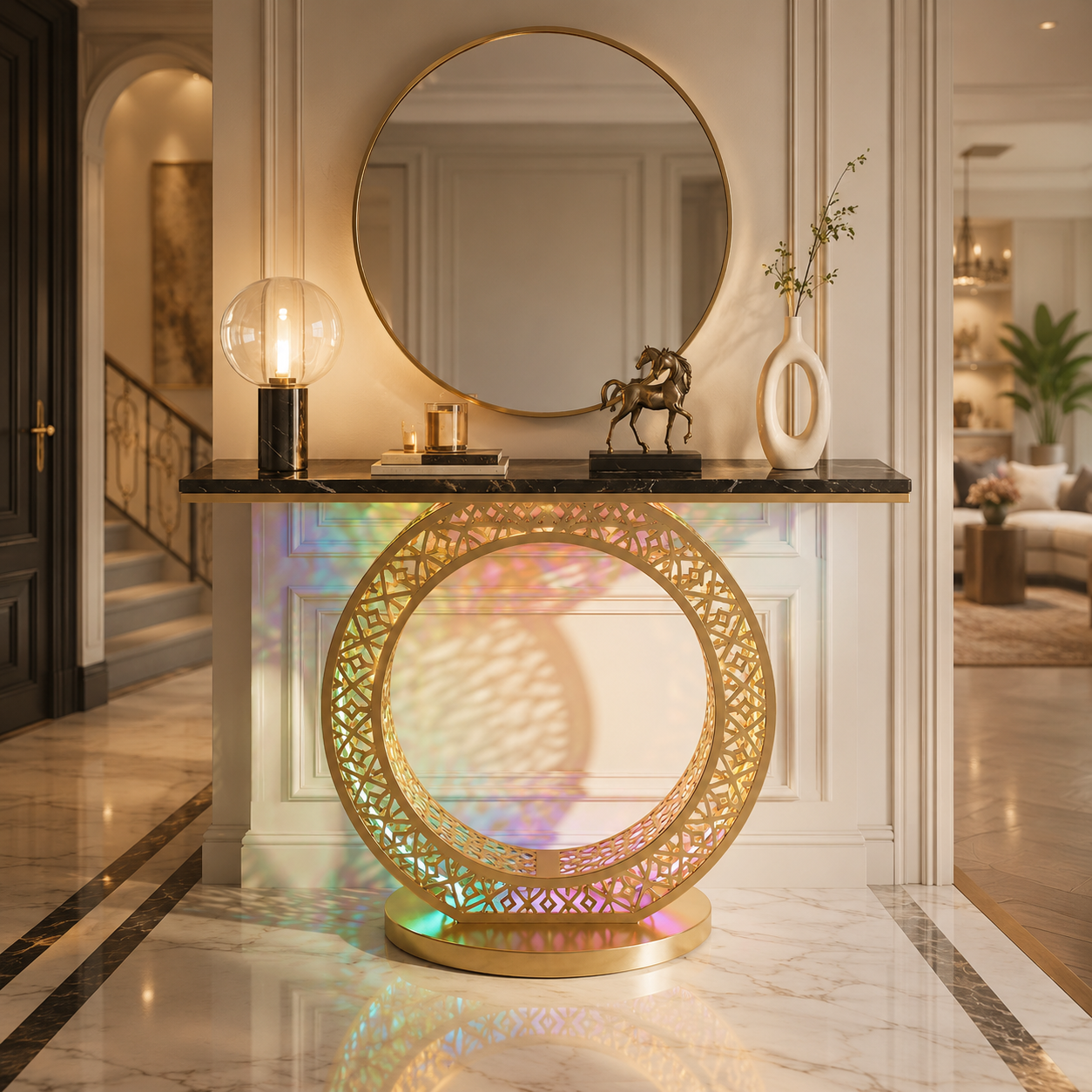 Modern Round LED Console Table in Gold | Entryway Furniture