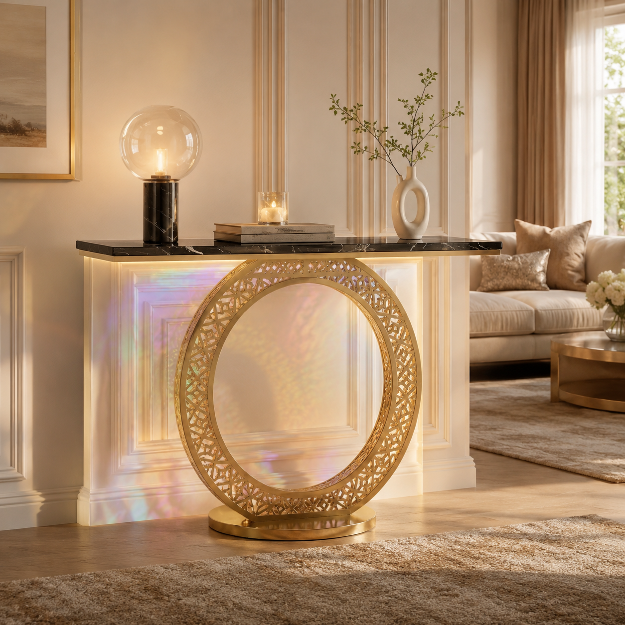 Modern Round LED Console Table in Gold | Entryway Furniture