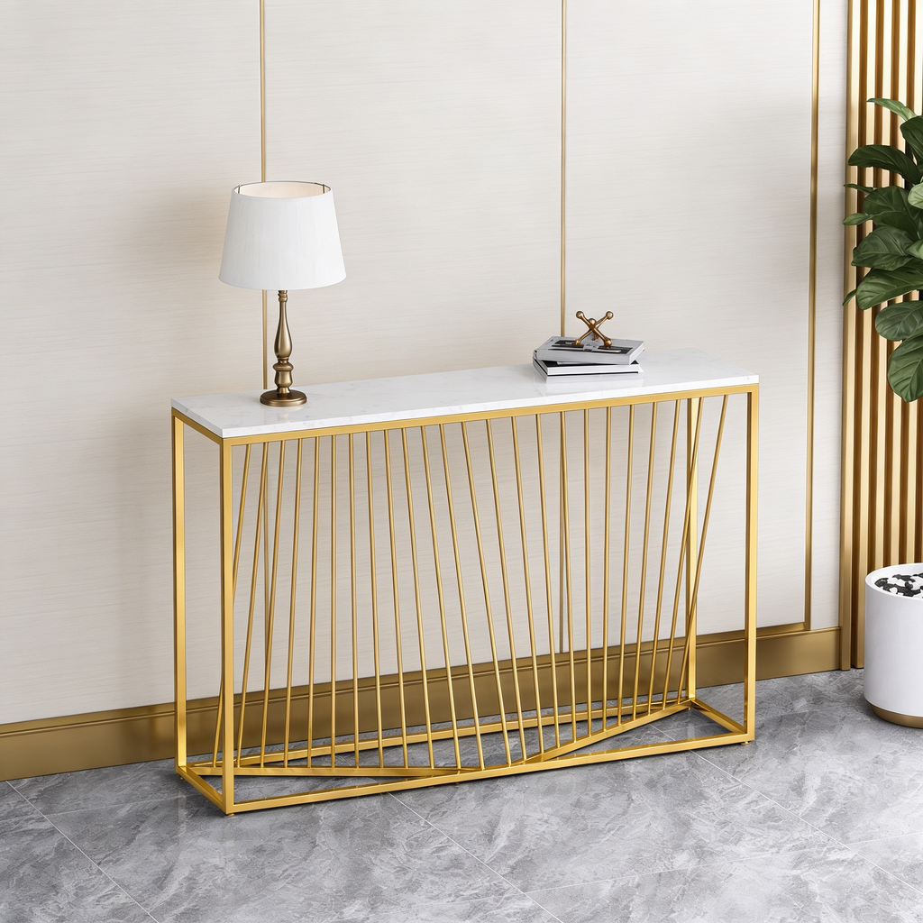 Linear Design Golden Metal Stand Console Marble Table